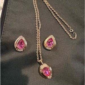 Vintage Signed Sal Swarovski Teardrop Necklace and Clip Earrings